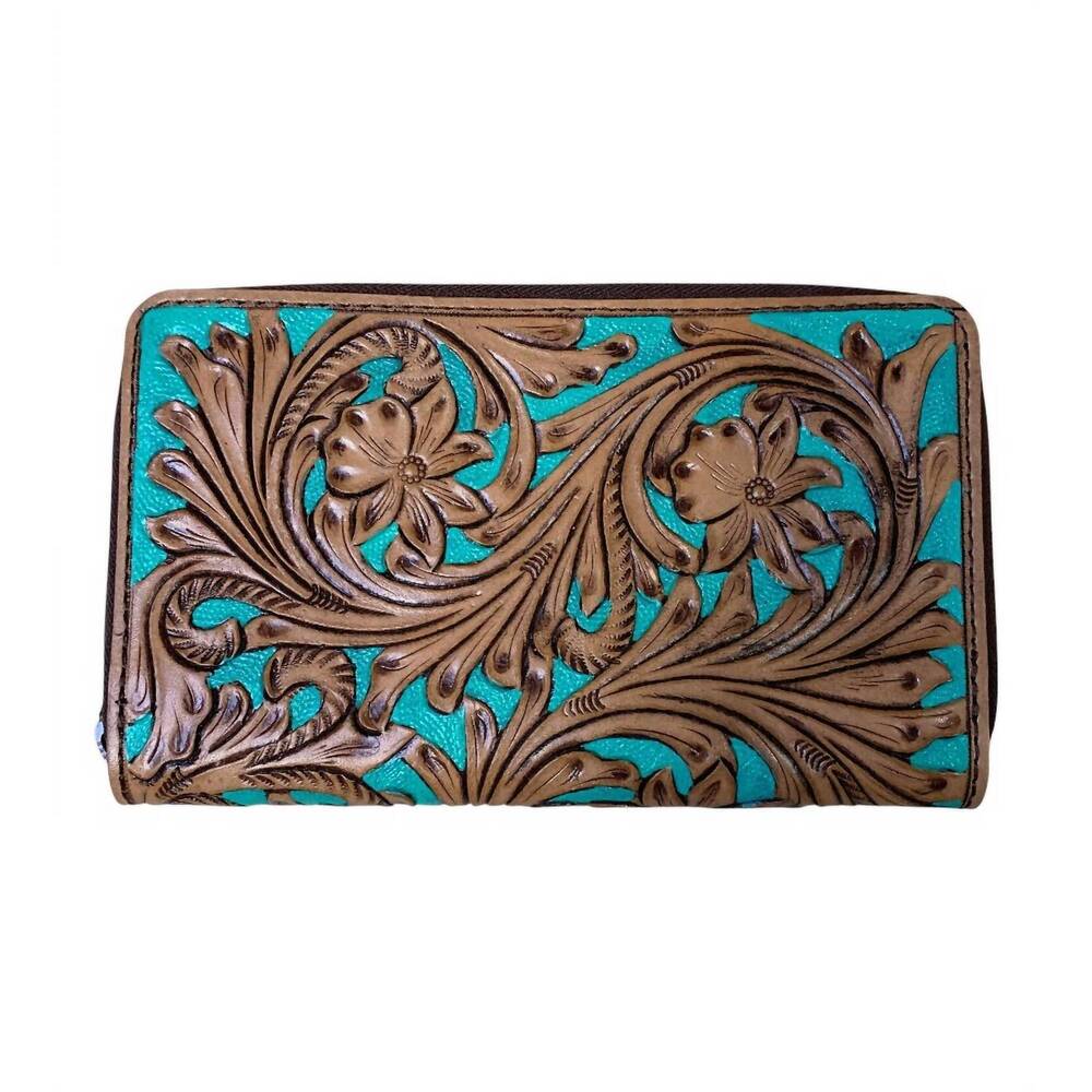 NEW AMERICAN DARLING women's tooled sip around wallet in turquoise
